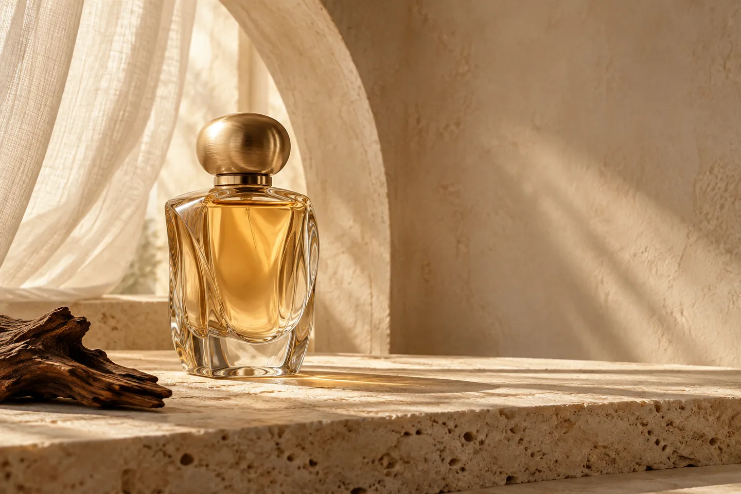 مشهد عطري تعبيري، زجاجة عنبر على حجر كريمي